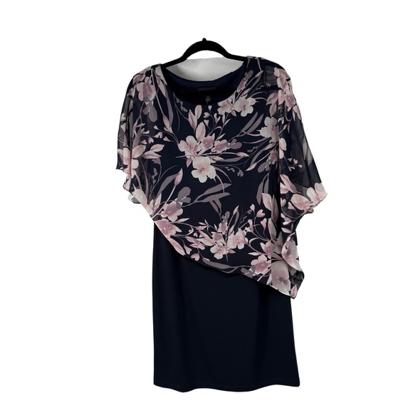 NWT Connected Apparel Dress Womens 6 Navy Mauve Overlay Asymmetric‎ Cape Floral - Picture 1 of 7